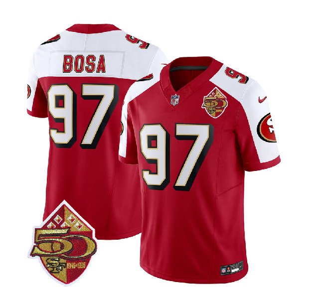 Men's San Francisco 49ers #97 Nick Bosa Red/White 2023 F.U.S.E. 50th Patch Throwback Football Stitched Jersey